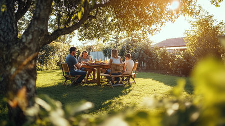 Happy family sitting at table in summer garden. Mother, father and children having picnic together.
