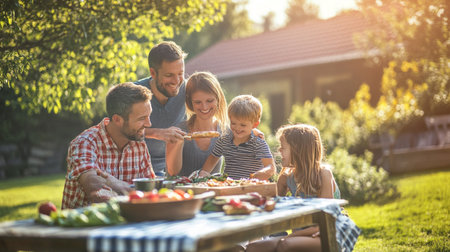 Happy family having barbecue in the garden on a sunny summer day.の写真素材