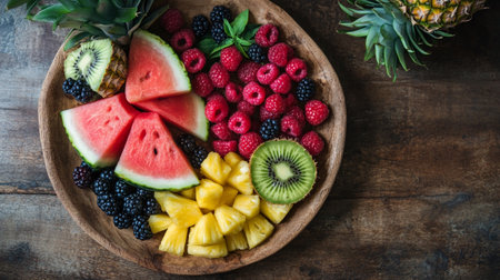 Watermelon, raspberry, kiwi, pineapple and blackberry in wooden bowl