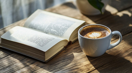 Cup of coffee and book on wooden table in morning light.