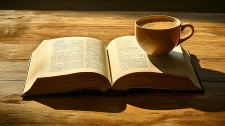 Cup of coffee and open book on wooden table, soft focusの写真素材