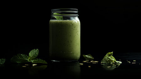 Green smoothie in a glass jar with mint leaves on a black background