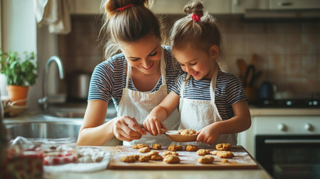 Mother and daughter baking cookies in the kitchen at home. Happy family.