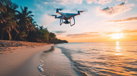 Drone with digital camera flying over tropical beach at sunset or sunrise.