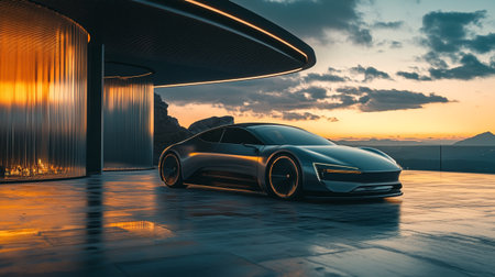 3D rendering of a brand-less generic concept car in a futuristic environment