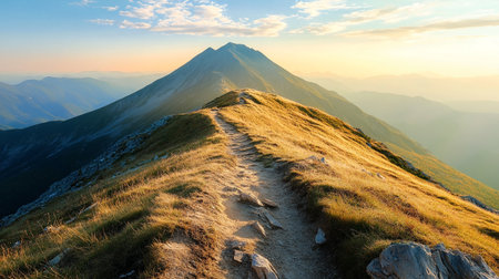 Hiking trail in the Carpathian mountains at sunset, Ukraineの写真素材