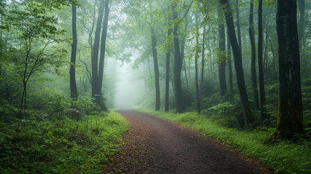 Pathway through the green forest in foggy morning. Natural backgroundの写真素材