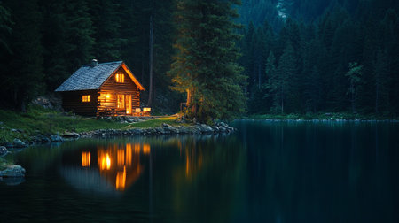 Wooden house on the shore of a mountain lake at night.の写真素材