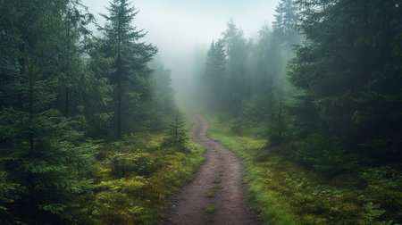 Mysterious forest in the morning fog. Panoramic image