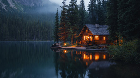 Mountain lake in the morning mist with wooden house in the foregroundの写真素材