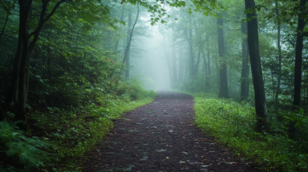 Pathway in the forest in the morning fog. Nature composition.の写真素材