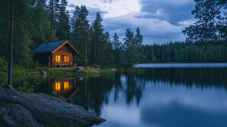 Beautiful lake with wooden house in the forest at sunset, Finlandの写真素材