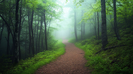 Pathway in the green forest in the morning. Nature composition.