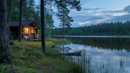 Wooden house on the bank of a lake in the forest.の写真素材