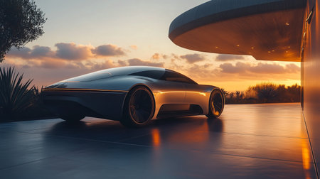 3D rendering of a brand-less generic concept car in a parking lotの写真素材