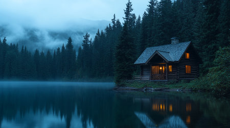 Wooden house on the lake in the mountains at night with fogの写真素材