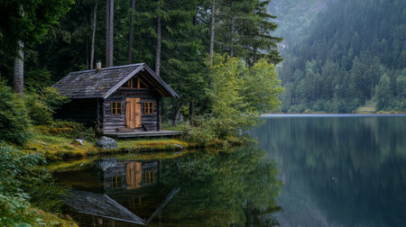 Wooden house on the shore of the lake in the mountains.の写真素材