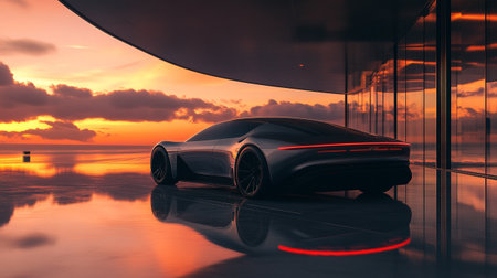 3D rendering of a concept car in a futuristic space setting.の写真素材