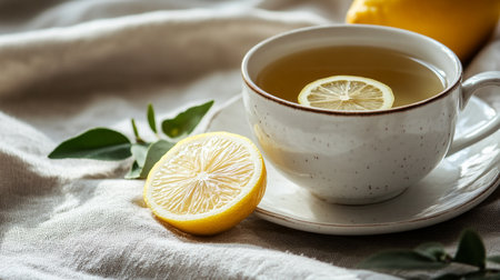 Cup of green tea with lemon and leaves on the table.の写真素材