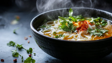 Tasty soup with noodles, vegetables and herbs on dark background.の写真素材