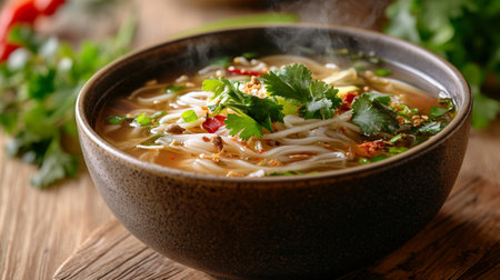 Vietnamese soup with noodles and vegetables in a bowl on a wooden table
