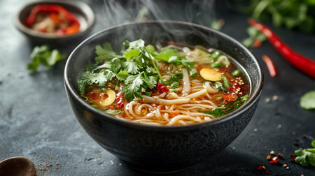 Bowl of spicy Asian soup with noodles and vegetables on dark background