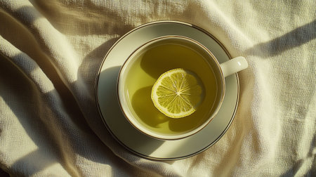 Cup of green tea with lemon on the bed. Top viewの写真素材