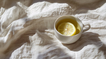 Cup of green tea with lemon on the bed in the morningの写真素材