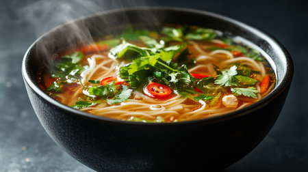 Bowl of soup with noodles, vegetables and herbs on black background