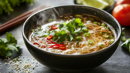 Bowl of tasty asian soup with noodles and vegetables on table