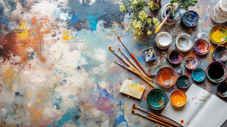 Paint brushes and palette with paints on the table, top viewの写真素材