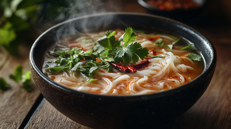 noodle soup in a bowl on a wooden table, close-upの写真素材