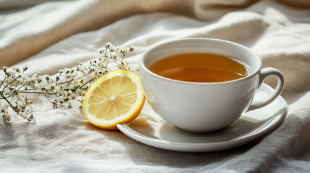 Cup of tea with lemon and gypsophila flowers on the bedの写真素材