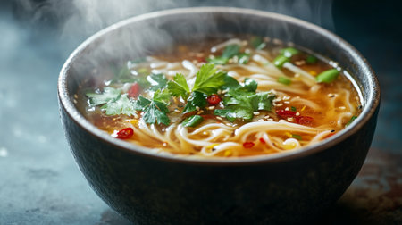 Traditional asian soup with noodles, vegetables and herbs in a bowl.