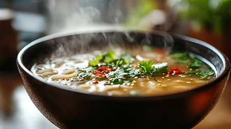 Bowl of Chinese soup with noodles, vegetables and parsley.の写真素材