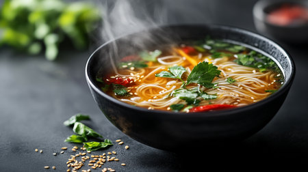 Bowl of tasty soup with noodles and vegetables on table, closeup