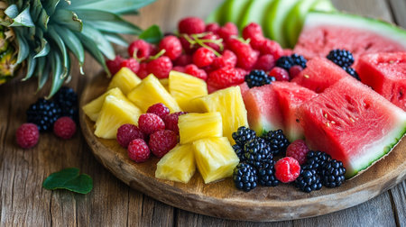Slices of watermelon, pineapple, raspberries and blackberries