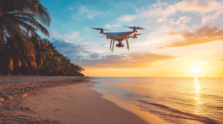 Drone with digital camera flying over beautiful tropical beach at sunset.