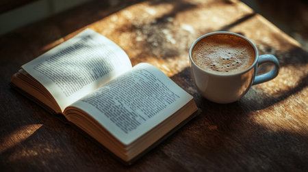 Coffee cup and book on wooden table in morning light.の写真素材