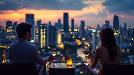 Couple drinking wine at rooftop restaurant with cityscape in the backgroundの写真素材