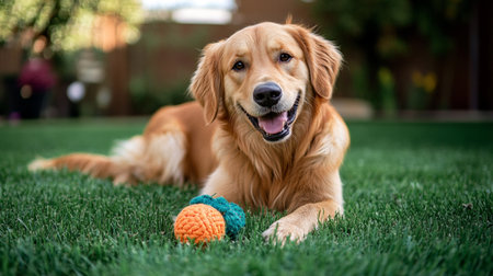 Cute Golden Retriever dog with ball on green grass.の写真素材