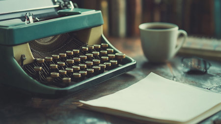 Retro typewriter and coffee cup on wooden table, vintage filterの写真素材