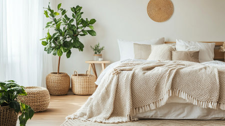 Cozy bedroom interior with white bed and wicker baskets with plantsの写真素材