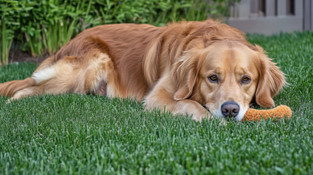 Golden Retriever lying on the grass and eating a toy.の写真素材