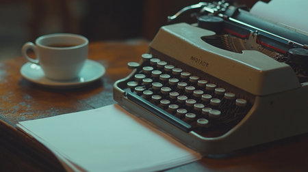 Retro typewriter and a cup of coffee on a wooden tableの写真素材