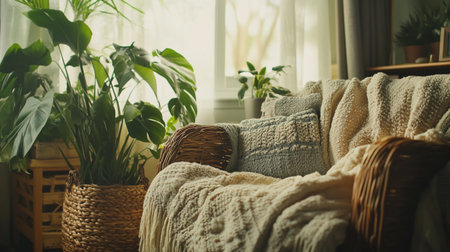 Cozy living room interior with cozy sofa, plants, rattan basket and knitted plaid