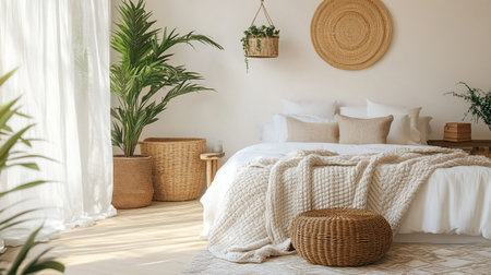 Interior of modern bedroom with wicker basket and white beddingの写真素材