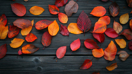 Autumn leaves on wooden background with copy space, top view.