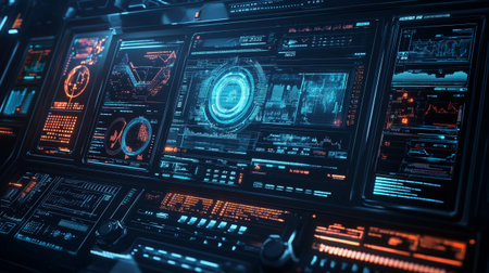 Close up view of futuristic flight control panel. 3D Rendering