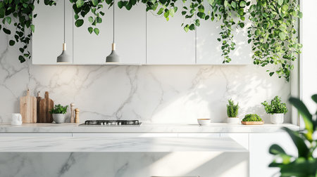 White modern kitchen with marble walls, white countertops with built in sink and cooker and plant. 3d renderingの写真素材
